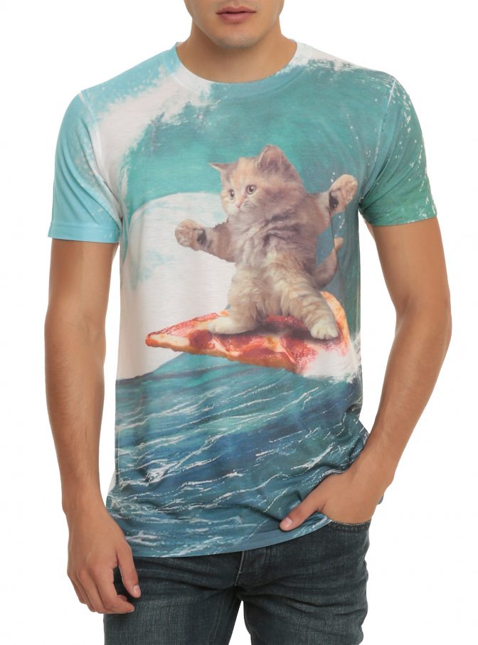 cat surfing pizza shirt